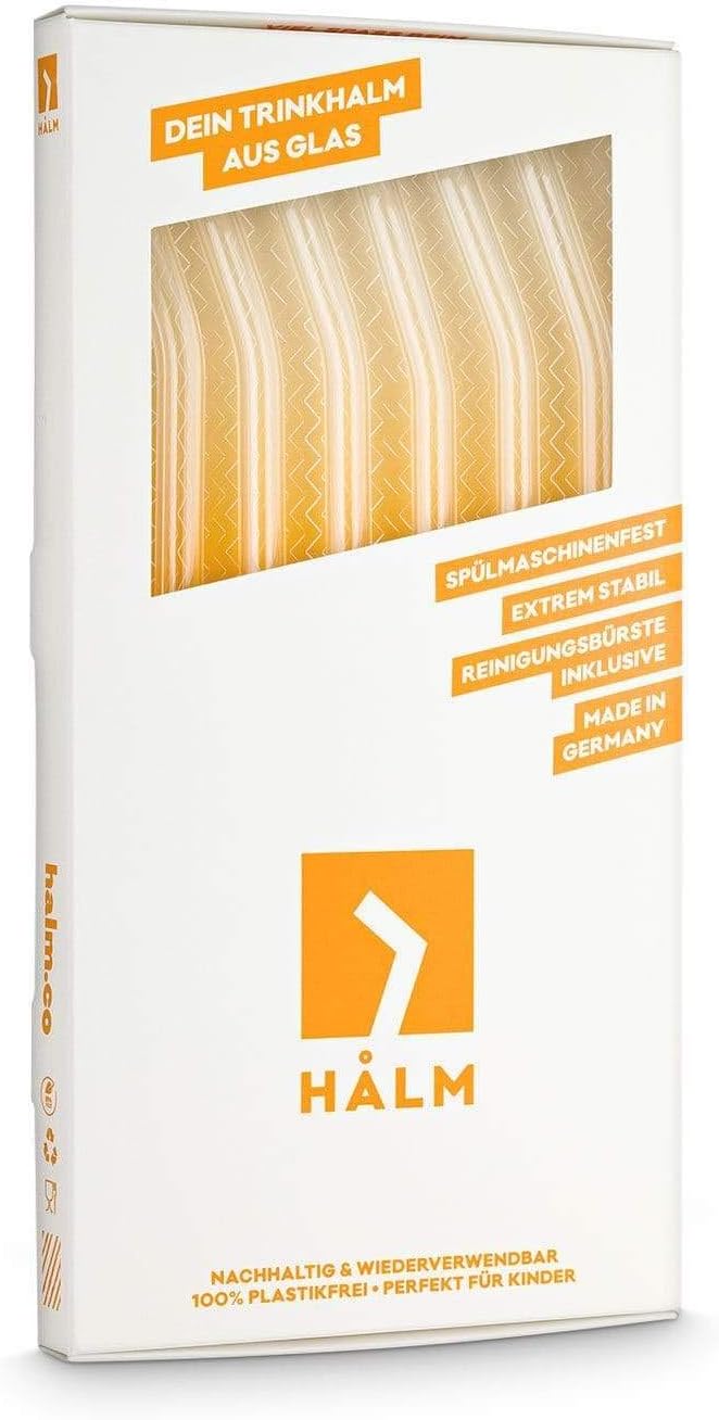 Halm 6 Pack Stanley 20oz bent Straws for Quencher, Cup & Tumbler - Glass Drinking Straw 9 inch - Plastic-Free + Cleaning Brush Clear Reusable & Dishwasher Safe - Made in Germany