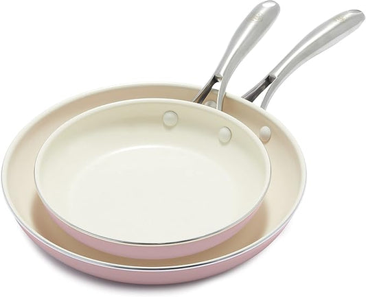 GreenLife Artisan Healthy Ceramic Nonstick, 8" and 10" Frying Pan Skillet Set, Stainless Steel Handle, Induction, PFAS-Free, Dishwasher Safe, Oven Safe, Pink