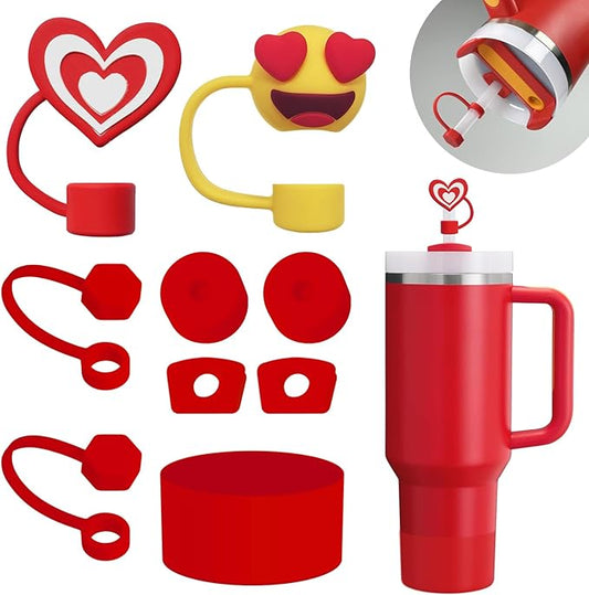 Stanley Cup Accessories Set Including 6 Pcs Silicone Spill Proof Stopper, 2 Pcs Straw Cover Cap for 9-10 mm Straws, 1 Pcs Silicone Boot for Stanley Cup 40oz & 30oz Tumbler (Chili)
