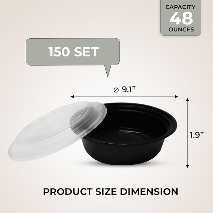 Klex 48 Oz, 50 Sets Meal Prep Containers with Airtight Lids, BPA Free, Reusable Plastic Food Container, 48 oz, Round, Black/Clear, 50 Sets