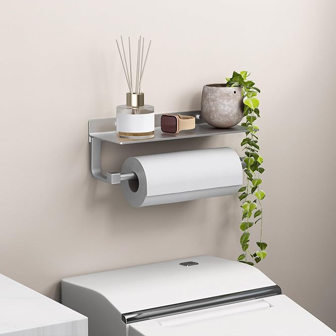Danpoo Wall Mount Paper Towel Holder with Shelf for Bathroom/Kitchen, Adhesive Hand Towel Holder, Matte Silver