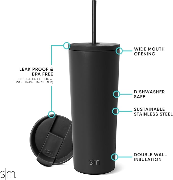 Simple Modern Insulated Tumbler with Lid and Straw | Iced Coffee Cup Reusable Stainless Steel Water Bottle Travel Mug | Gifts for Women Men Her Him | Classic Collection | 24oz | Moonlight