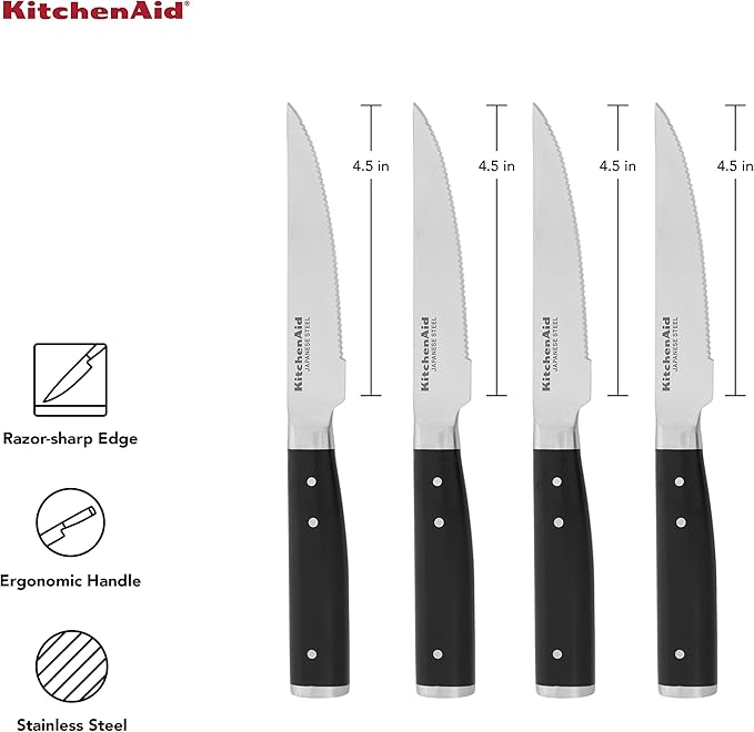 KitchenAid Gourmet 4 Piece Forged Triple Rivet Steak Knife Set, High Carbon Japanese Steel, Sharp Kitchen Knife Set, 4.5 inch, Black