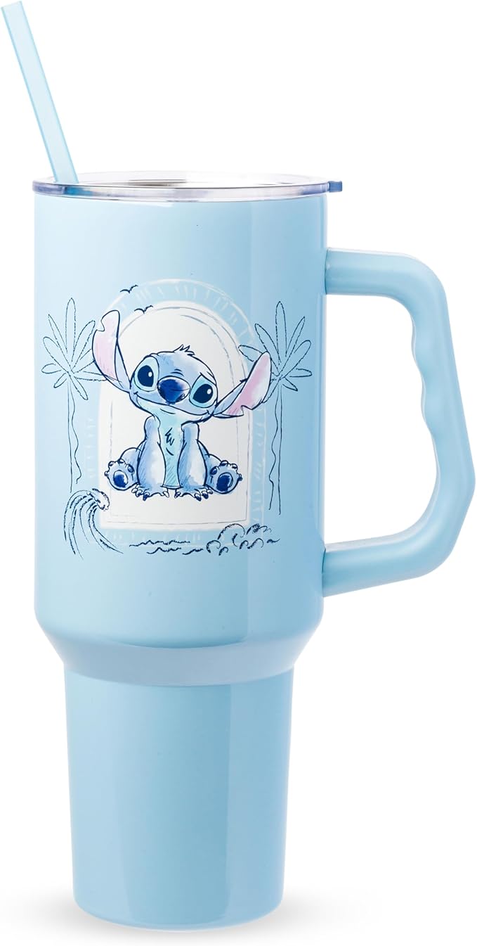 Silver Buffalo Disney Lilo and Stitch Minimalistic Design Ocean and Tropical Stainless Steel Tumbler with Handle and Straw, Fits in Standard Cup Holder, 40 Ounces