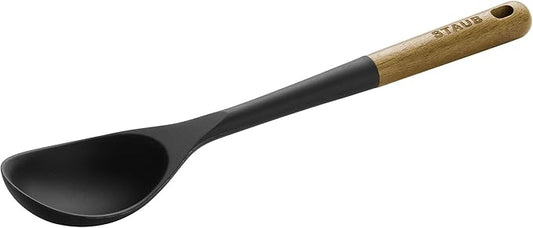 STAUB Serving Spoon, Great for Scooping Sides and Serving Hearty Stews, Durable BPA-Free Matte Black Silicone, Acacia Wood Handles, Safe for Nonstick Cooking Surfaces