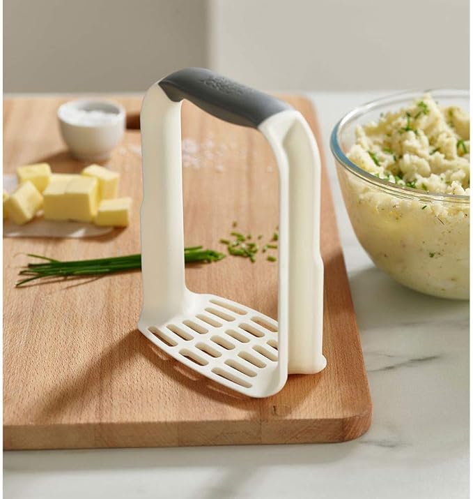 Joseph Joseph 20140 Easy-Mash Plastic Potato Masher Ergonomic with Non-slip Grip and Pan-scraping Edges Dishwasher Safe, One-size, White