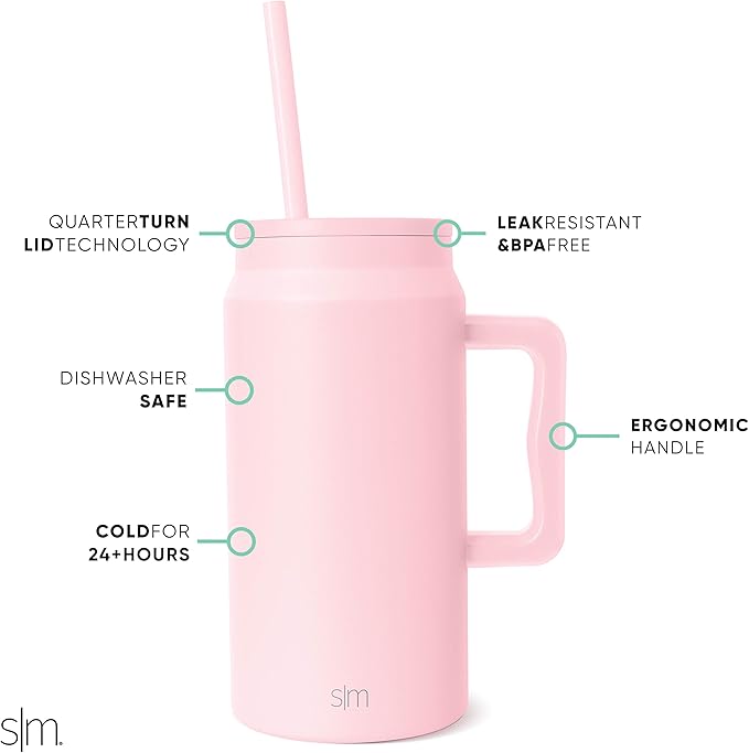 Simple Modern 50 oz Mug Tumbler with Handle and Straw Lid | Reusable Insulated Stainless Steel Large Travel Jug Water Bottle | Gifts for Women Men Him Her | Trek Collection | 50oz | Blush