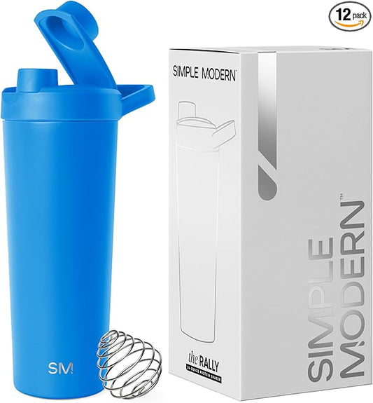 Simple Modern Stainless Steel Shaker Bottle with Ball 24oz, Metal Insulated Cup for Protein Mixes, Shakes and Pre Workout, Rally Collection, Supersonic Blue (Pack of 12)