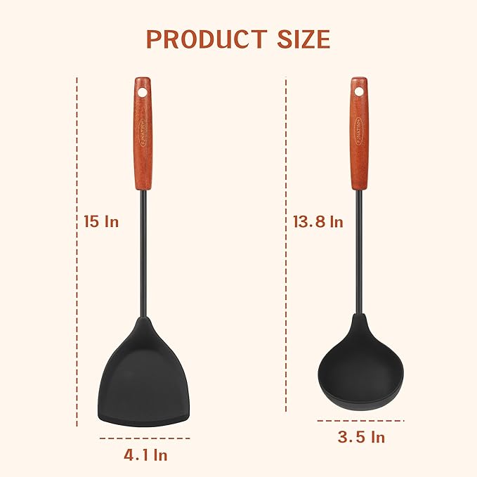 FJNATINH Silicone Wok Spatula and Ladle Tool Set,Non Stick Heat-Resistant Stainless Steel Cooking Utensils BPA Free Kitchen Utensils Cookware, Pack of 2,Black