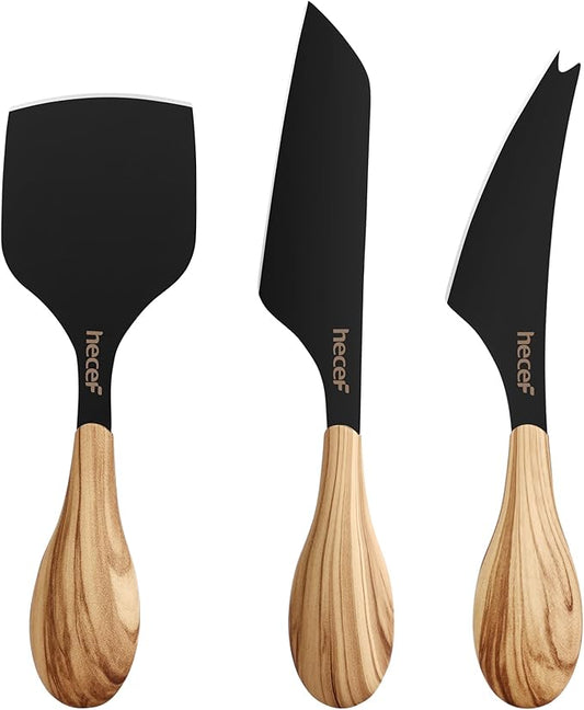 hecef Cheese Knife Set of 3, Includes Pronged, Hard Cheese & Chisel Knife, Matte Black Stainless Steel Knives with Wood Grain Handles, Cheese Tools for Charcuterie Boards, Entertaining