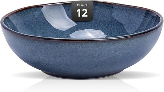 Organic Shape Restaurant Serving Bowl 9", Commerical Grade Catering Stoneware 40oz Bowl in Ir-regular Organic Shape, Chip & Scratch Resistant, Glossy Reactive Glaze Blue, Case of 12
