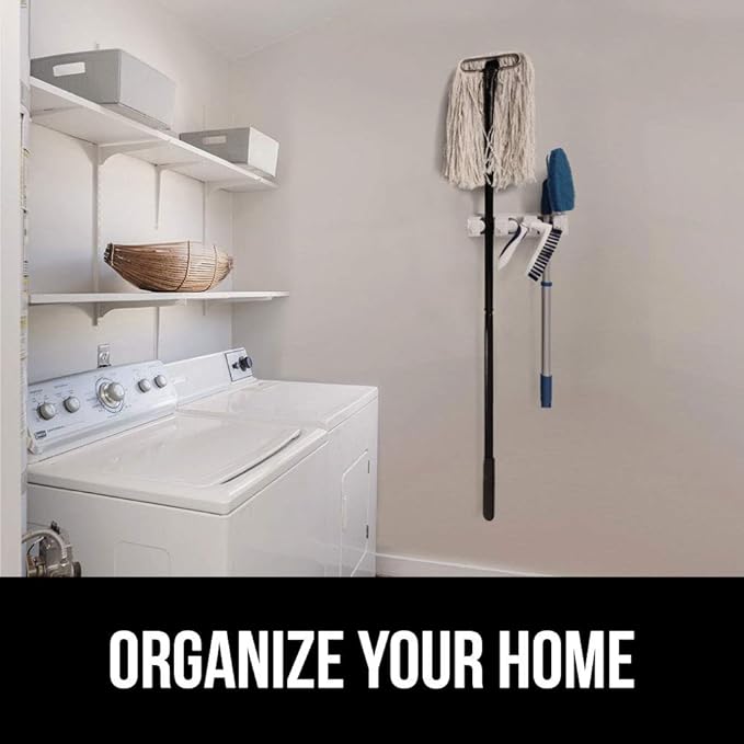 GORILLA GRIP Wall Mount Hook Fixture, Also Includes Slots to Hold Mop, Broom, Tools, Easy Install, Organize Cleaners, Tools, Home, Kitchen, Garage, 4 Hooks 3 Slots, Black