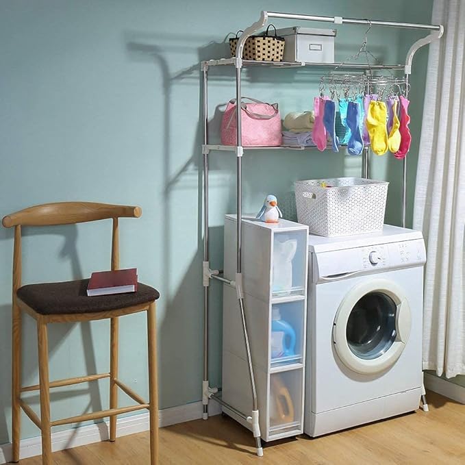 BAOYOUNI 2-Layer Over Washing Machine Storage Rack Utility Metal Bathroom Shelf 6-Hook Space Saver Width Adjustable Organization for Laundry Room Toilet (62-101cm, Ivory)