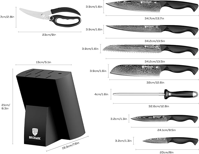 BRODARK Knife Set, Damascus Kitchen Knife Set with Block, 9 Pieces Sharp Professional Japanese Chef Knives with Ergonomic Full-Tang ABS Handle for Home, Restaurant -Christmas Gift, Dark Horse Series