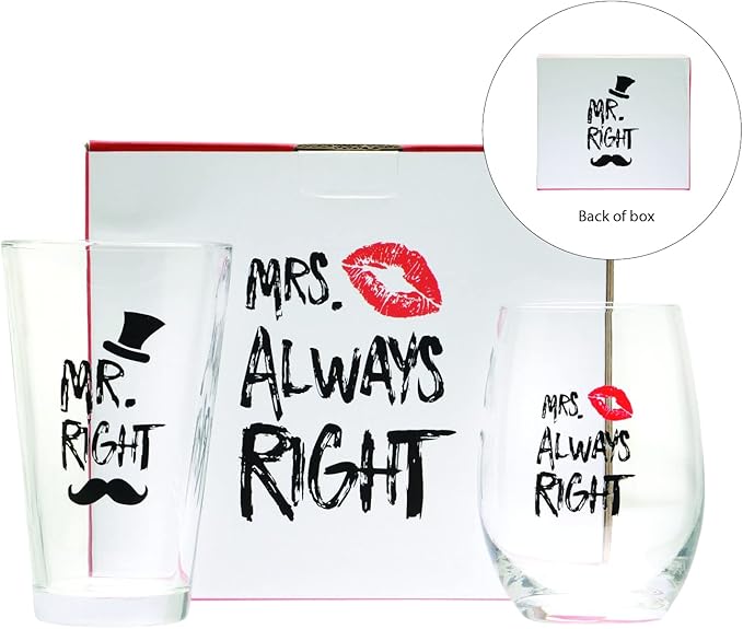 Funny Mr. Right and Mrs. Always Right Novelty Wine Glass and Beer Glass | Includes Fun, Stylish Gift Box | For Weddings, Engagement, Newlywed, Bachelorette, Anniversary, Couples Gifts