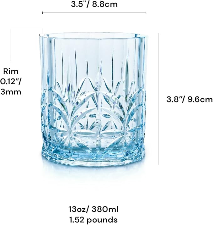 BELLAFORTE Shatterproof Tritan Plastic Short Tumbler, Set of 4, 13oz - Myrtle Beach Unbreakable Crystal Cut Old Fashioned Drinking Glasses for Whiskey - BPA Free - Dishwasher Safe - Blue