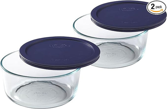 Pyrex Storage Plus 7-Cup Round Glass Food Storage Dish, Blue Cover, Pack of 2
