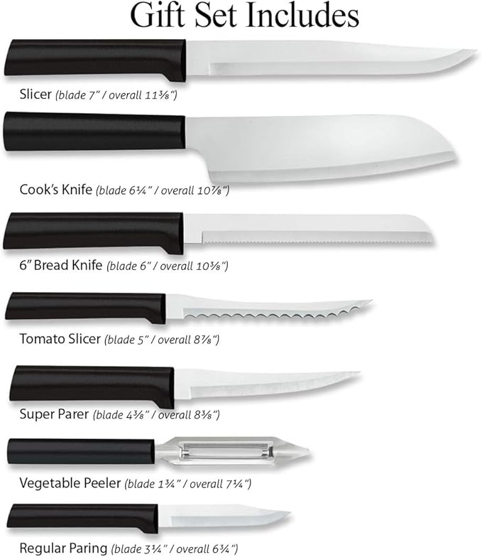 Rada Cutlery 7-Piece Starter Knife Gift Set (G257), Stainless Steel Hollow Ground Blades, Made in USA, Black Handles
