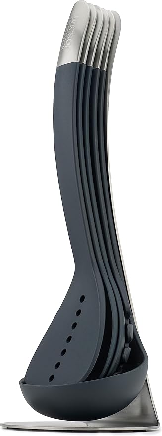 Joseph Joseph Nest 5 Compact Stacking Utensils kitchen tool set with magnetic storage stand, organization, dishwasher safe - Black/Stainless Steel