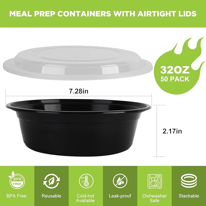 WGCC Meal Prep Containers with Lids - 50Pack 32OZ Meal Bowls, Round To Go Containers, BPA-Free, Freezer & Dishwasher Safe