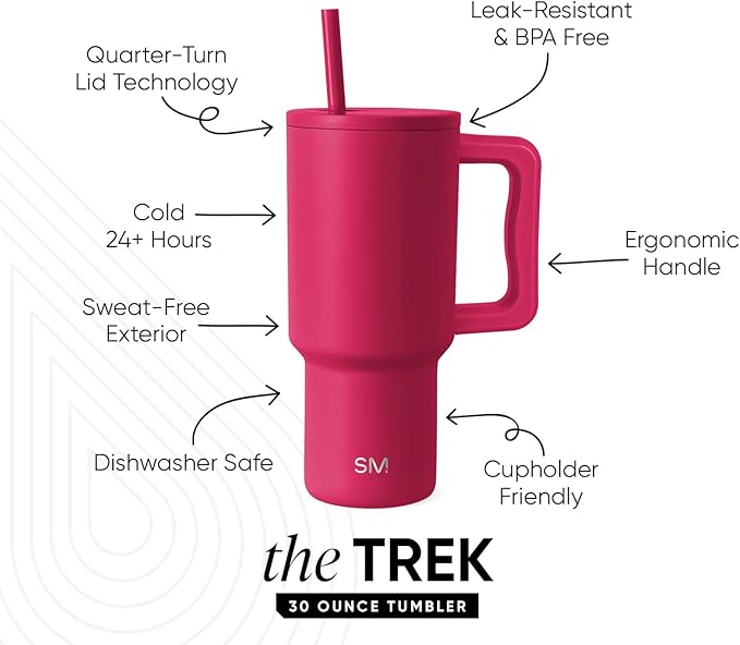 Simple Modern 30 oz Trek Tumbler with Handle and Straw Lid | Cup Holder Friendly Insulated Stainless Steel Travel Mug | Berry Twist