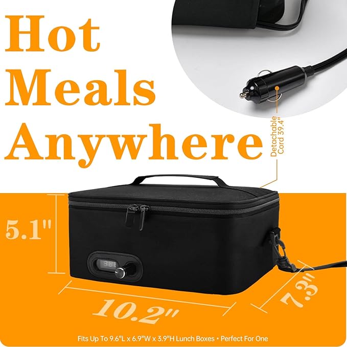 Aotto Portable Oven Electric Lunch Box Food Heater - 12V/24V 2-in-1 Car Food Warmer, Temperature Control with LED Display, Cook, Reheat & Keep Meals Warm for Car, Truck, Travel - Black