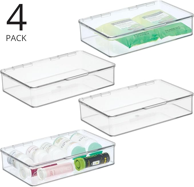 mDesign Plastic Stackable Storage Organizer Bin with Hinged Lid for Bathroom, Cabinet, Drawer, Under Sink, Shelf Organization Holds Medicine, Bath Essentials, Cleaning Supplies - 4 Pack - Clear