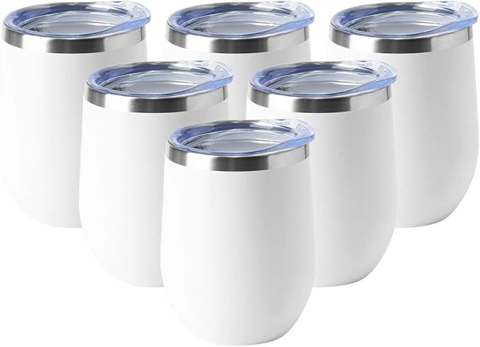 HASLE OUTFITTERS 12oz Wine Tumbler with Lid Stemless Wine Glasses Double Wall Vacuum Travel Mugs stainless steel Coffee Cup for Cold & Hot Drinks Wine Coffee Cocktails Beer 6 Pack White