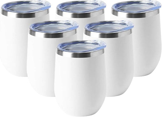 HASLE OUTFITTERS 12oz Wine Tumbler with Lid Stemless Wine Glasses Double Wall Vacuum Travel Mugs stainless steel Coffee Cup for Cold & Hot Drinks Wine Coffee Cocktails Beer 6 Pack White