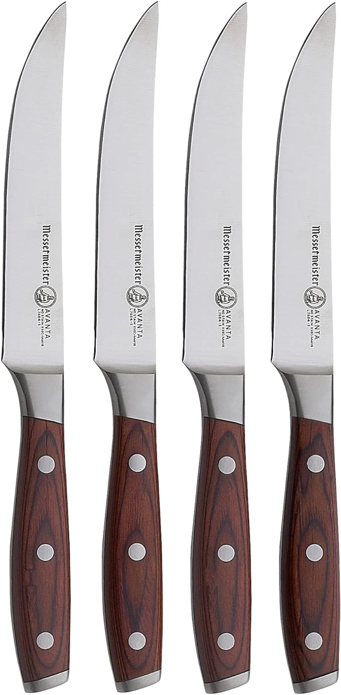 Messermeister Avanta 5” Fine Edge Steak Knife Set - German X50 Stainless Steel - Rust Resistant & Easy to Maintain - Includes 4 Steak Knives