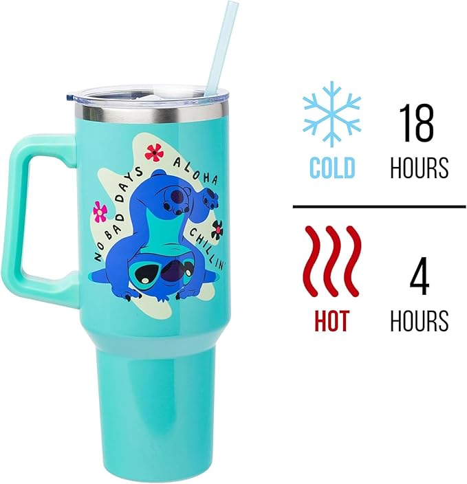 Silver Buffalo Disney Lilo and Stitch Aloha No Bad Days Chillin’ Stainless Steel Tumbler with Handle and Straw, Fits in Standard Cup Holder, 40 Ounces