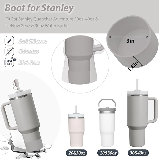 Stanley Cup Accessories Set Including 6 Pcs Silicone Spill Proof Stopper, 2 Pcs Straw Cover Cap for 9-10 mm Straws, 1 Pcs Silicone Boot for Stanley Cup 40oz & 30oz Tumbler (Ash)