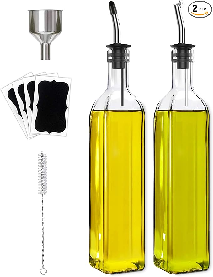 Olive Oil Dispenser Bottle, 2 Pcs Glass Olive Oil Dispenser and Vinegar Dispenser Set with 2 Stainless Steel Pourers, 4 Labels,1 Brush and 1 Funnel Oil Bottles for Kitchen (500ml)