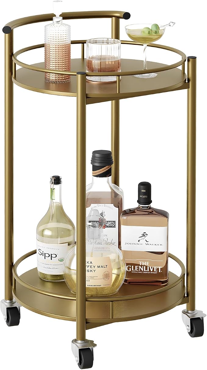 Bar Cart Gold Rolling Cart for Home, 2 Tiers Bar Serving Cart Round Wine Cart by EternalHome