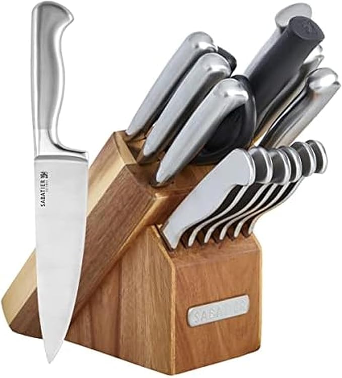 Sabatier 15-Piece Forged Stainless Steel Knife Block Set, High-Carbon Stainless Steel Kitchen Knives, Razor-Sharp Knife set with Acacia Wood Block, Stainless Steel Handles