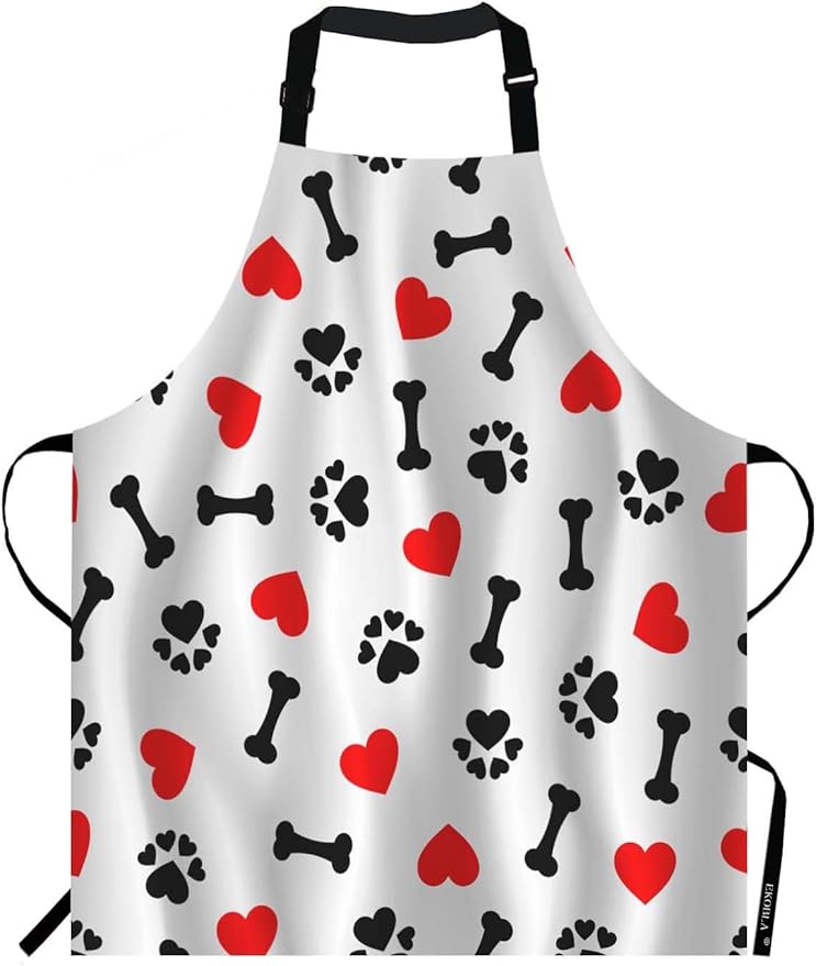 EKOBLA Dogs Paw Print Aprons Animal Bones Cute Lovely Cartoon Adorable Footprint Red Heart Waterproof Resistant Chef Cooking Kitchen BBQ Adjustable Aprons for Women Men 27x31 Inch