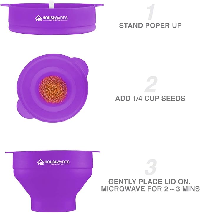 Collapsible Silicone Microwave Hot Air Popcorn Popper Bowl With Lid and Handles (Purple)