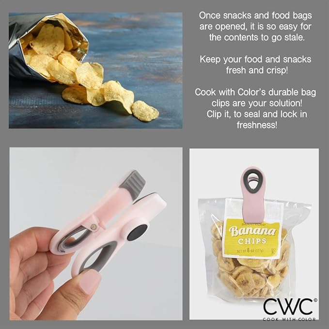 COOK WITH COLOR Bag Clips with Magnet- Food Clips, Chip Clips, Bag Clips for Food Storage with Airtight Seal Grip for Bread Bags, Snack Bags and Food Bags (Pink, Pack of 10)