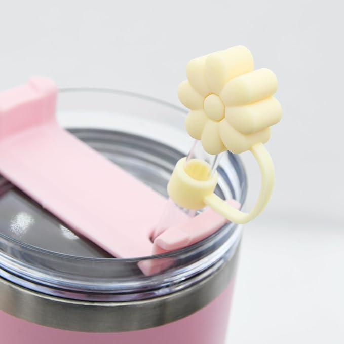 Flower Straw Cover Cap for Stanley Cup Silicone Straw Topper Compatible with 30&40 Oz Tumbler with Handle,Straw Tip Covers 10mm 0.4in for Straw Tip Covers (4pcs Beige flower)