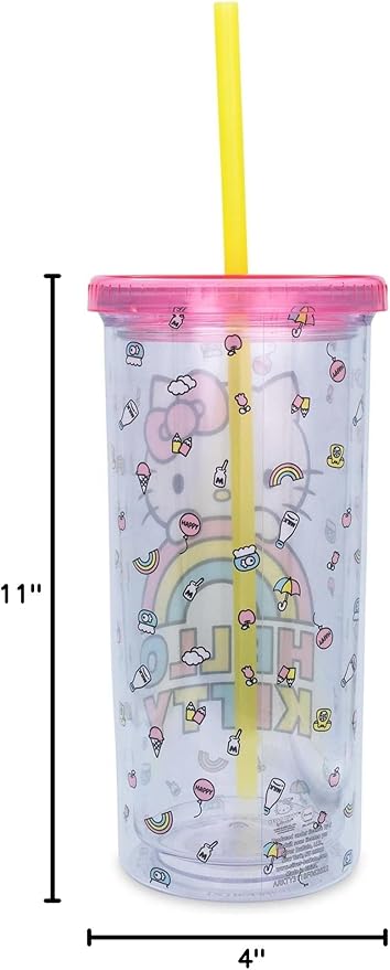 Silver Buffalo Sanrio Hello Kitty Plastic Tall Cold Cup with Lid and Straw, 20 Ounces