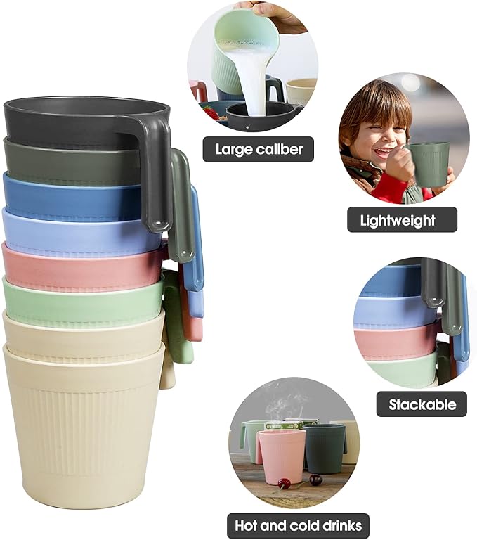 shopwithgreen Coffee Mugs Set of 8, Plastic Coffee Cups Set, 17 OZ Unbreakable Coffee Mugs with Handle Reusable Camping/Dorm/RV Drinking Cups for Adults/Kids Microwave & Dishwasher Safe