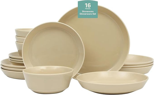 Gibson Home Summer Shades 16 Piece Plates and Bowls Dishes Service for 4 Porcelain Dinnerware Set - Taupe