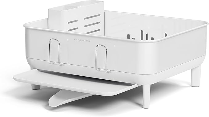 simplehuman Compact Dish Drying Rack with Stainless Steel Frame, 360º Easy Drain Swivel Spout, Utensil Holder, Anti-Residue Coating, Moisture Control Surface, White