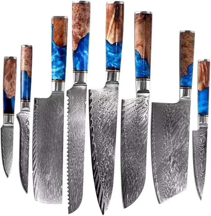 Epicurean Cook Tidal Collection 8 PCS Damascus Knife Set Japanese Kitchen Knives with VG10 Steel Core Ultra-Sharp Professional Chef Knife Set with Elegant Box and Blue Resin and Burl Wood Handles