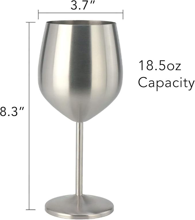 PG Set of 4 Stainless Steel Wine Glass - 18.5oz Silver Brush Finished Wine Glasses - Unbreakable Wine Glasses - Stem Metal Wine Goblets
