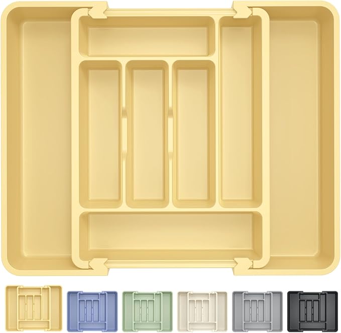 Caperci Large Silverware Organizer for Kitchen Drawer & Utensils - Expandable Drawer Organizer for Cutlery, Flatware & Gadget, BPA-Free Thick Plastic, Wider Compartments & Non-skid Feet (Desert Sand)