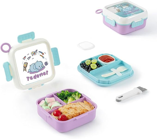 Bento Box for Kids Adults – Cute Cartoon 2-Layer Lunch Box with Fork, Sauce Cup & Brush, BPA-Free, 3-Compartment Square Snack Container with Handle for School, Office, or Travel (Purple)