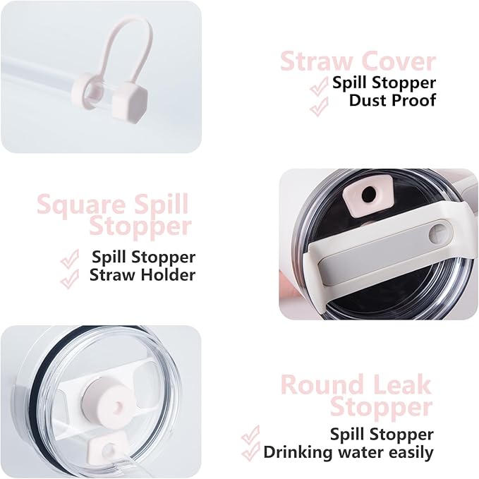 Silicone Spill Stopper Set Compatible with Stanley Cup 2.0 30oz & 40oz with Straw Cover (Set of 2, Rose Quartz)