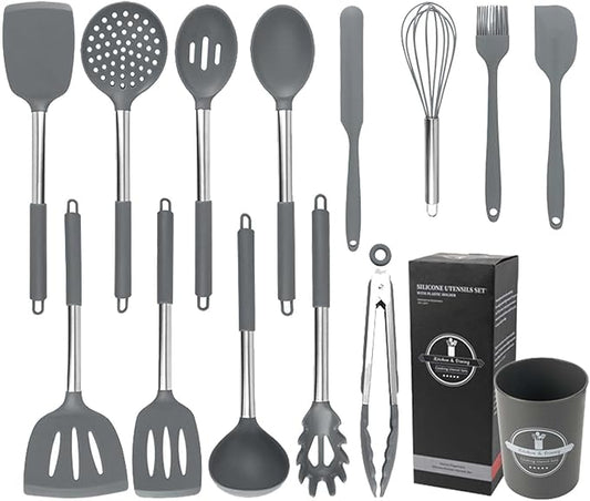 Kitchen Utensils Set, 14 Pcs Silicone Cooking Utensils Set with Holder and Heat Resistant Stainless Steel Handle for Nonstick Cookware - Black