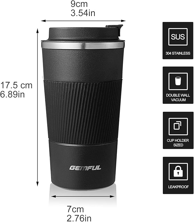 GEMFUL Travel Coffee Mug 2 Pack Insulated To Go Tumbler with Lid Portable Stainless Steel Reusable Cups Leak proof for Women Hot Cold Drinks 17oz (Black and White)